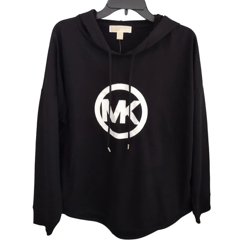 Michael Kors NEW Black Large Logo Lightweight Terrycloth Hoodie Stretch Women XL